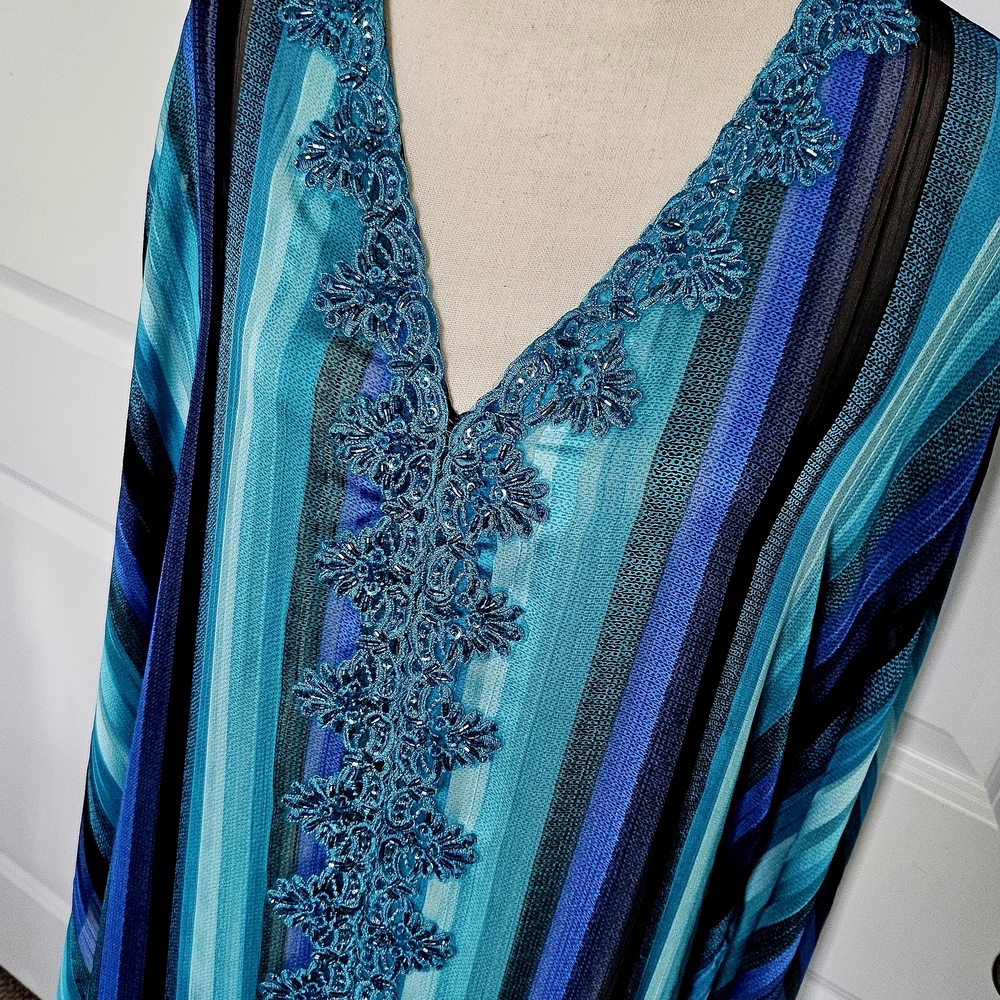 New stunning custom made Blues and Black Striped beaded V-Neck maxi dress